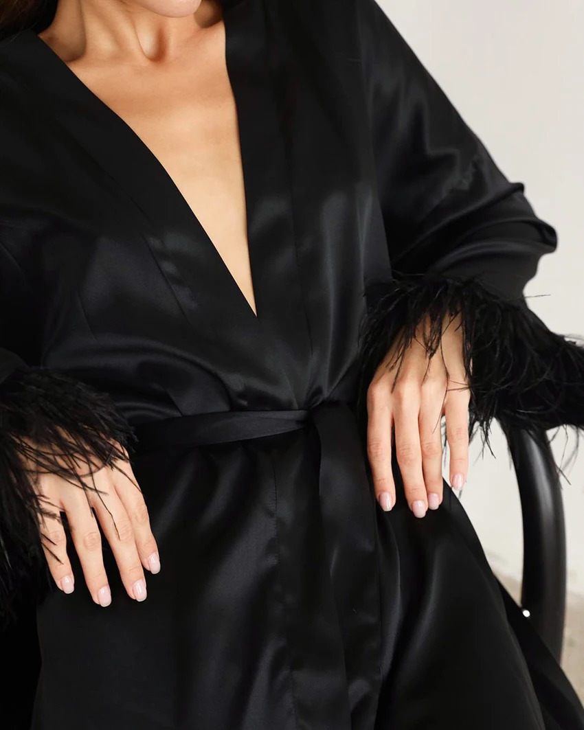 Feather Bathrobes Satin Sexy Mini Dress Long Sleeve Loose Peignoirs For Women Robe White Wedding Dress Black Bride Dresses 250402
