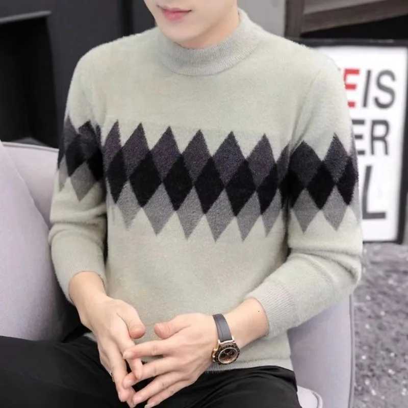 New Mens Half Turtleneck Knitwear Sweater Contrast Color Slimming Korean Warm Pullover Tops Casual Jacquard Pattern SweatersT251103