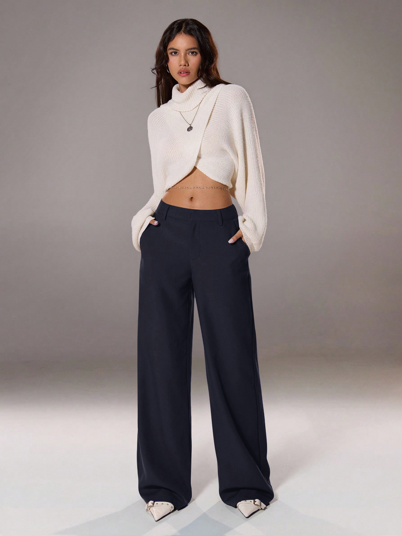 Eco-Friendly Natural Fiber High Waist Slacks Featuring Functional Buttons Perfect Match for Professional Outfits---112