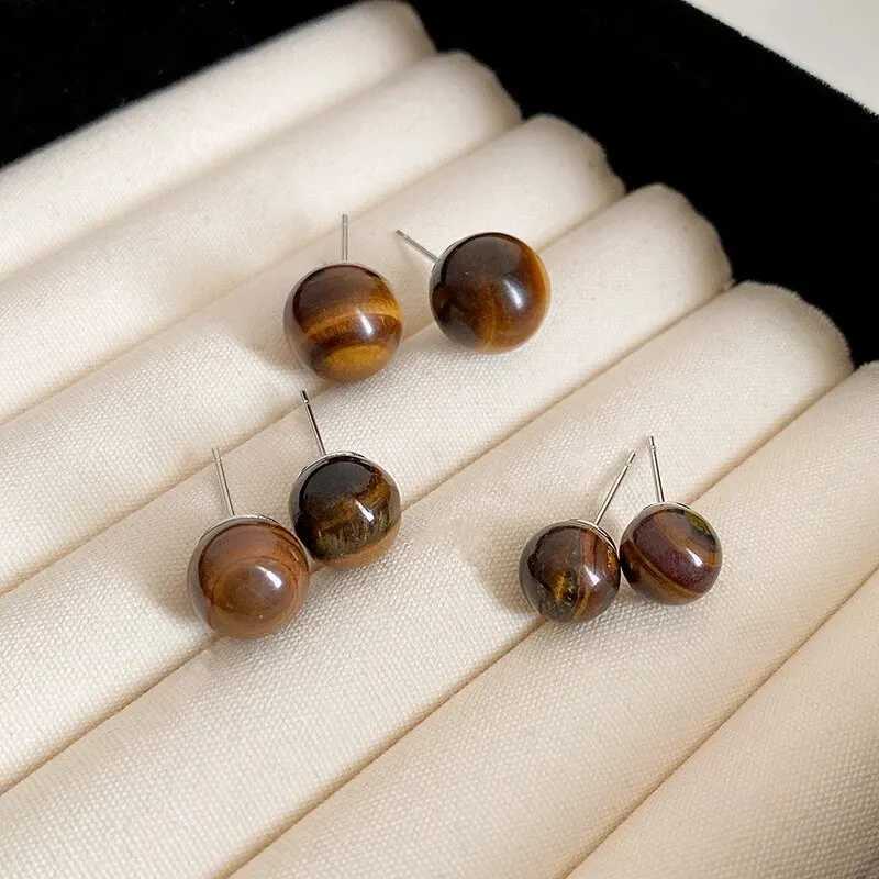 Natural Tiger Eye Stone Stud Earrings Retro Classic Geometric Round Ear Studs Buckle For Women Girls Ear Jewelry Party Gift C251103