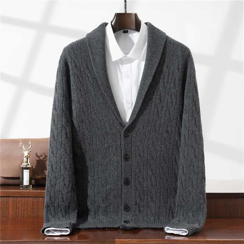 Green Fruit Collar Thickened 100 Wool Cardigan Mens Autumn Winter Jacquard Knitwear High-end Fashion Sweater JacketT251103