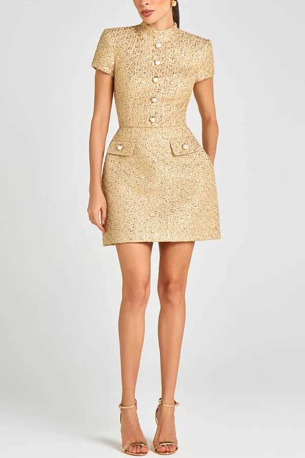 New Autumn Fashion Sexy Short Slve Standup Collar Party Solid Color Button Slim Fit Above KnMini Dress C251103