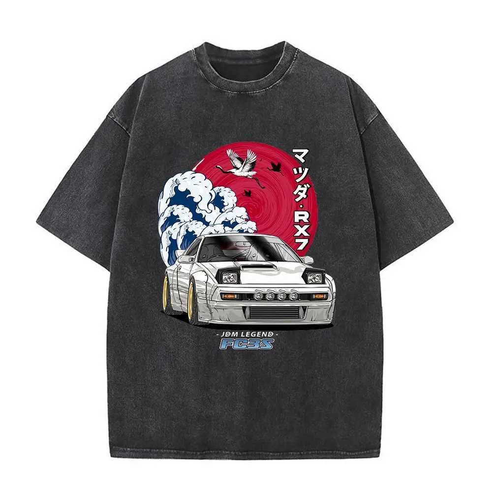 Anime Initial D AE86 Drift Akagi RedSuns Vintage Washed T Shirt Takumi Fujiwara R34 Skyline GTR JDM Race Car Oversized T-shirts X250403