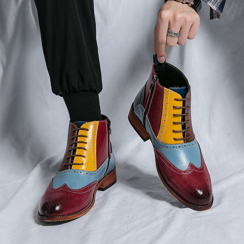 Large men's high cut side zipper color blocking leather with British style fashion pointed tie flat bottomed casual trendy shoes