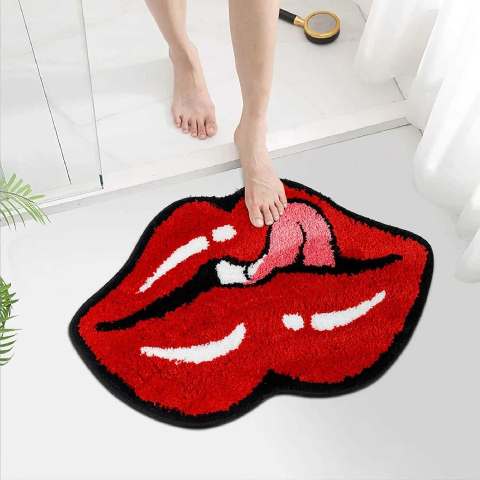 Unique Red Lips Shaped Floor Mat Soft Plush Rug For Bedroom Bathroom Or Living Room Non-Slip Backing C251103