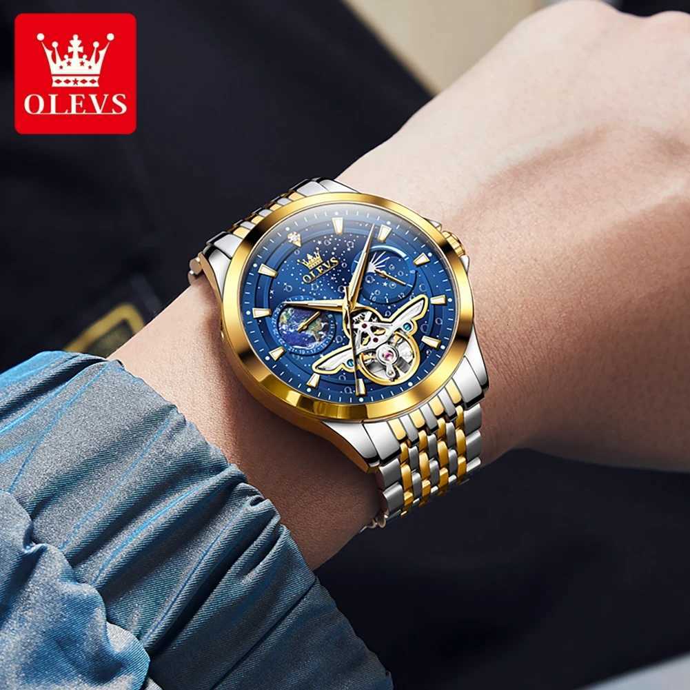 OLEVS Luxury Brand Mens Watches Luminous Waterproof Fully Automatic Mechanical Watch Starry Sky Dial Moon Phase Hollow OutW251104