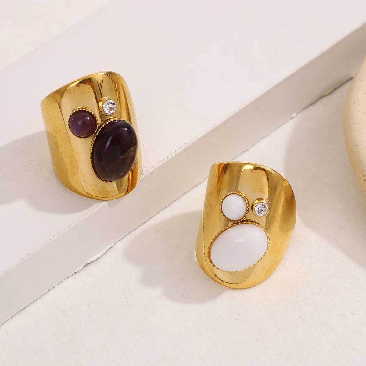 Retro Wide Stainless Steel Rings For Women Girls Vintage Boho Natural Stones Zircon Adjustable Wedding Engagement Ring Jewelry C251103