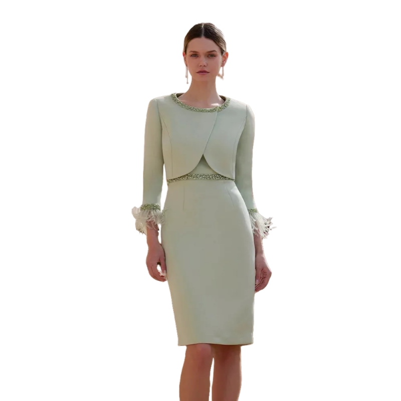 Elegant Knee Length Sheath Mother Of The Bride Dresses Suits Beading Feather Short Jacket Sage Satin Simple Wedding Guest Gown Groom Mom Formal Party 
