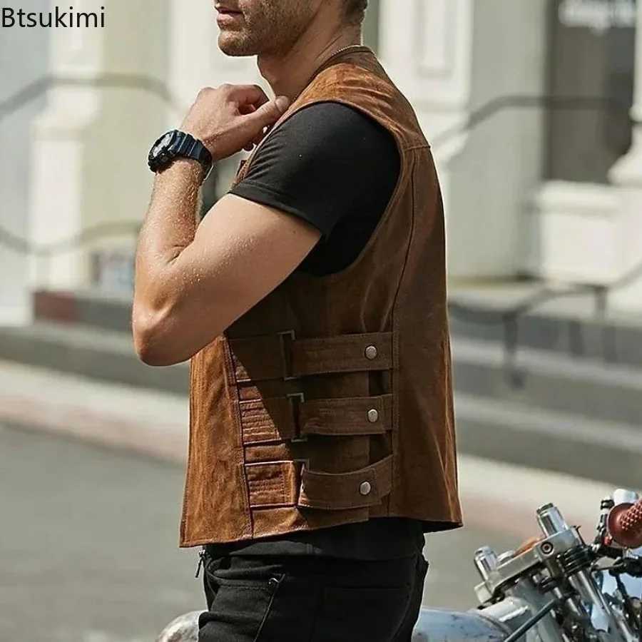 New Arrivals Fashion Mens PU Leather Motorcycle Vest Korean Style Trend Sleeveless O-neck Zip Vest Jacket Handsome Men Clothing X250403