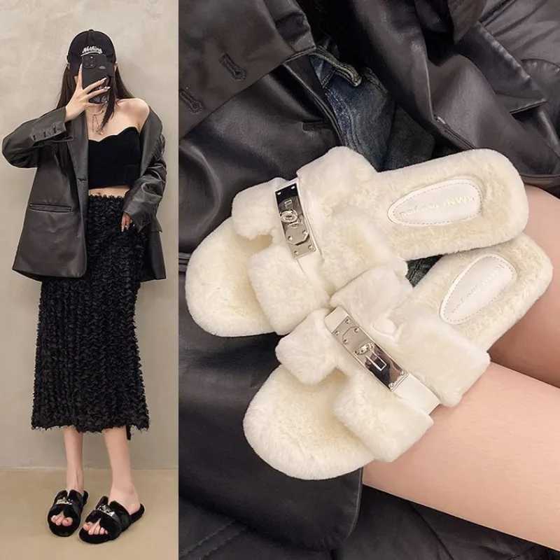 Internet Celebrity Hairy Slippers for Wens Outdoor Wear in Autumn and Winter 2025 New Thick Soled One-piece Plush Shoes Y251103