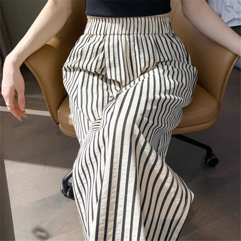Classic Cotton and Linen Striped Womens Casual Pants Wide Leg High Waist Solid Pockets Minimalism Loose Trousers Female 250403