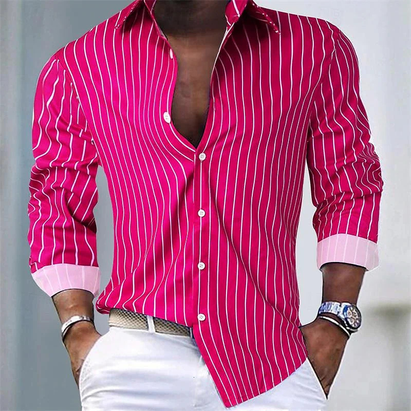 Mens button up shirt summer beach long sleeved striped stand collar Hawaiian holiday printed clothing fashionable classic casual 250403e