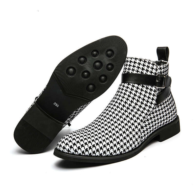 Four Seasons Large Pointed Short High Gang Thousand Grid Bird Buckle Leather Boots Black and White Business Dress Men's Martins