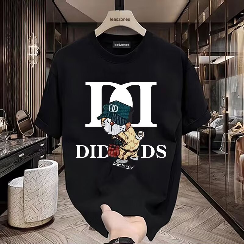 2025 Summer New Short sleeved Men's Fashion Brand Ins Printed Casual Cartoon Round Neck Loose and Versatile White Top