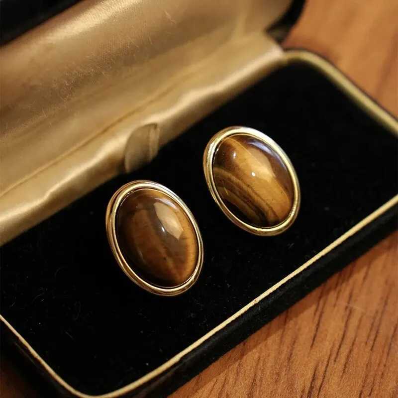 Natural Tiger Eye Stone Stud Earrings Retro Classic Geometric Round Ear Studs Buckle For Women Girls Ear Jewelry Party Gift C251103