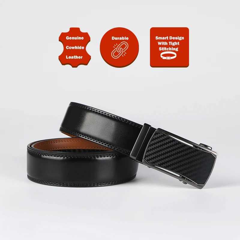 Mens leather ratchet belt - adjustable automatic buckle casual business style high-quality leather panel W250402