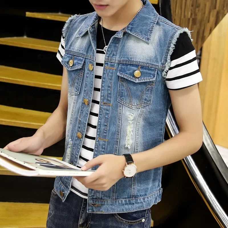 Men Ripped Denim Waistcoats Vests Jackets Light Blue Holes Denim Coats Vests New Fashion Male Cotton Slim Jeans Waistcoats 6XL X250403