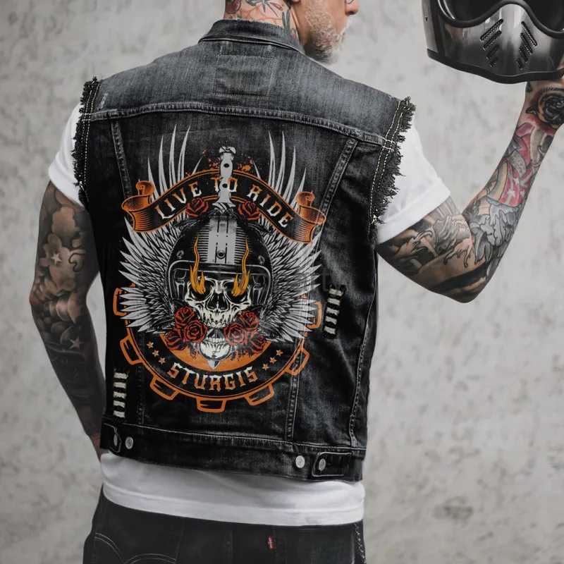 New Mens Fashion Motorcycle Vest Spring Autumn Skull Printed Distressed Hole Sleevless Punk Denim Vest Jackets Black Streetwear X250403