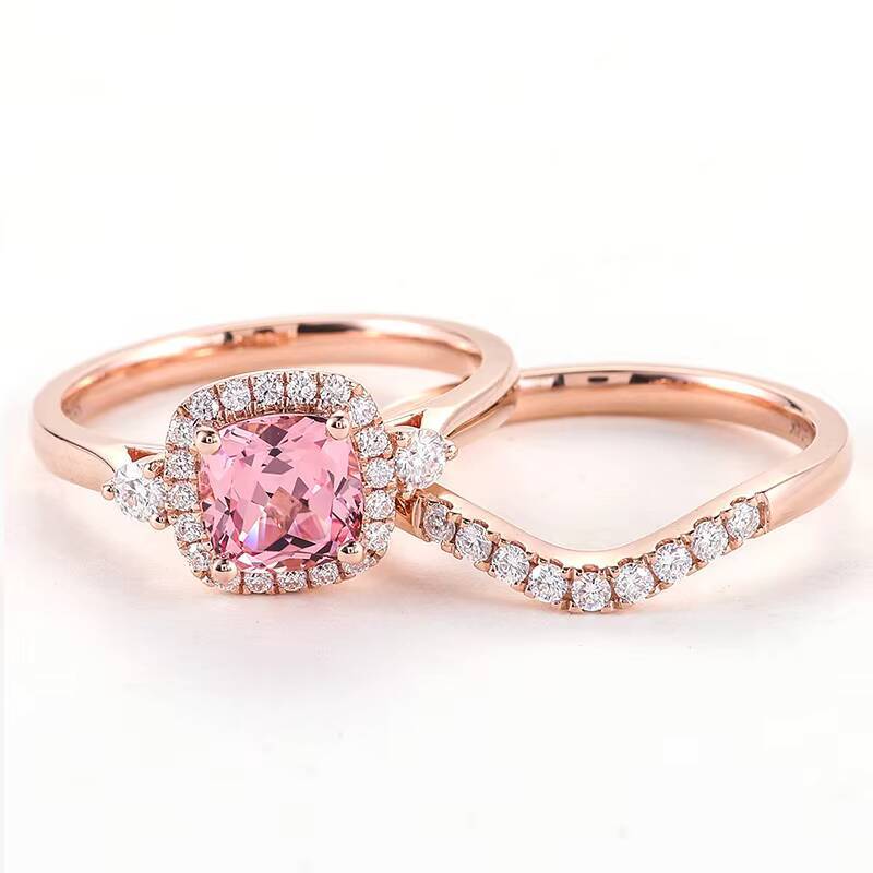 10K 14K 18K rose Gold Morganite Pink Lab Grown Sapphire Wedding Ring Set Cushion Cut Moissanite HaloEngagement Ring