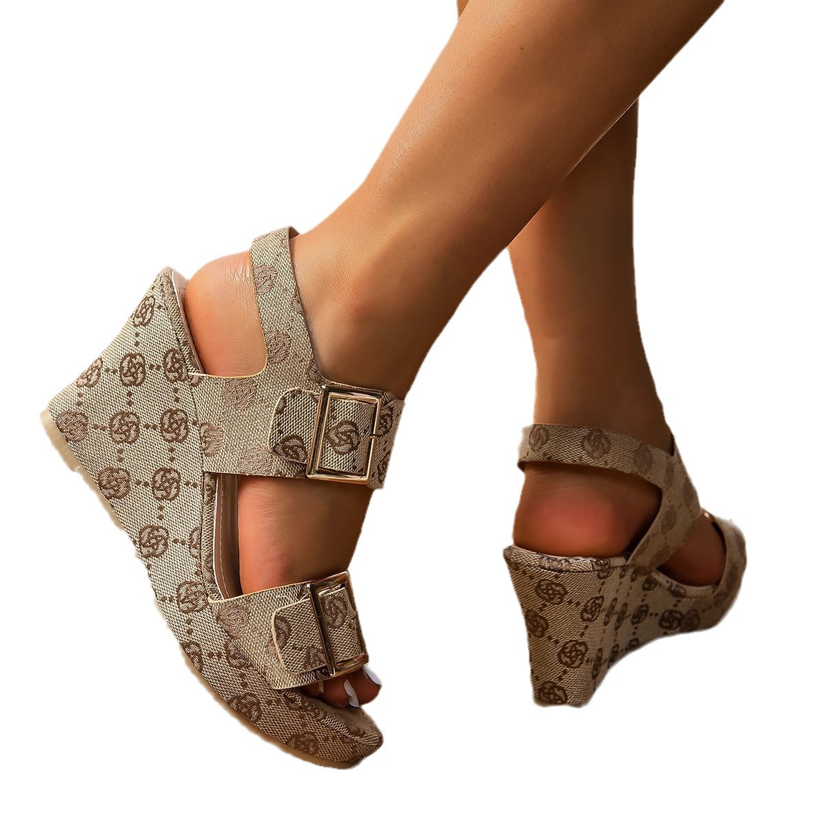 New summer style round toe wedge heel sandals with one-word buckle strap printed colorful sandals foreign trade large size medium heel Roman sandals