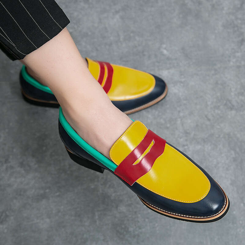 Men's oversized new fashionable business casual leather trendy color blocking shoes, one step youth loafers