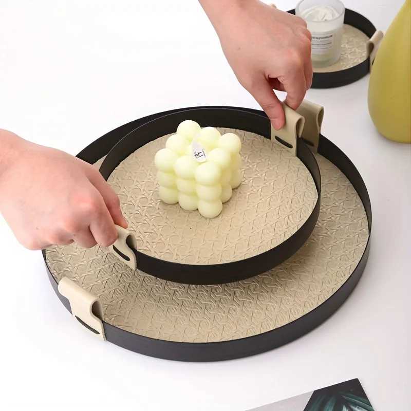 Nordic Round Jewelry Tray Woven Leather Storage Tray Living Ro Kitchen Desktop Cosmetic Sundries Plate He Decoration Y251025