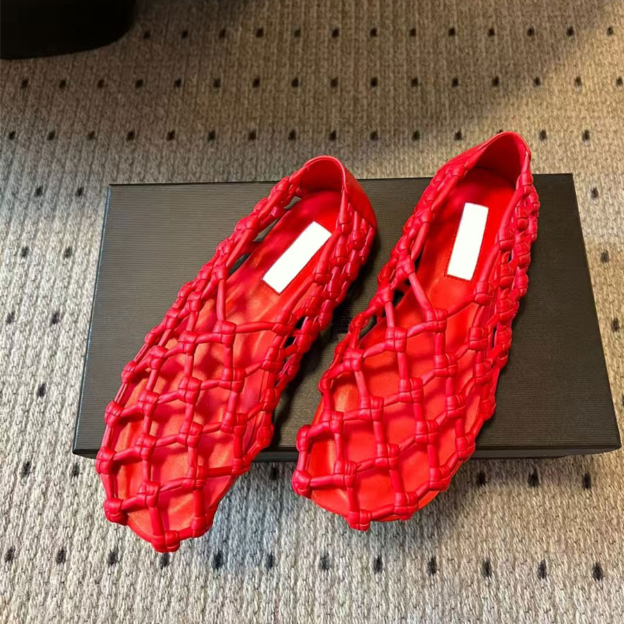 Breathable new fashion minimalism Summer Red Handmade Rope Woven Hollow out loafers Flat sandal slip on slide designer shoe for womens holiday shoes
