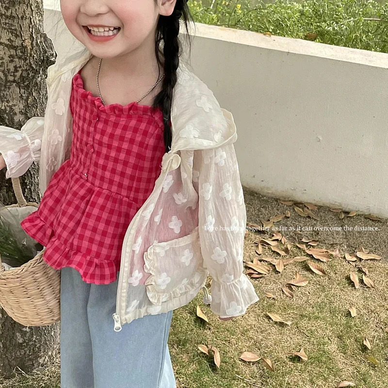 Summer Fashion Lightweight Kids Sun Suit Tops Floral Embracery Cute Girl Coats Drawstring Hooded Zip Baby Jackets 18 years 250325z