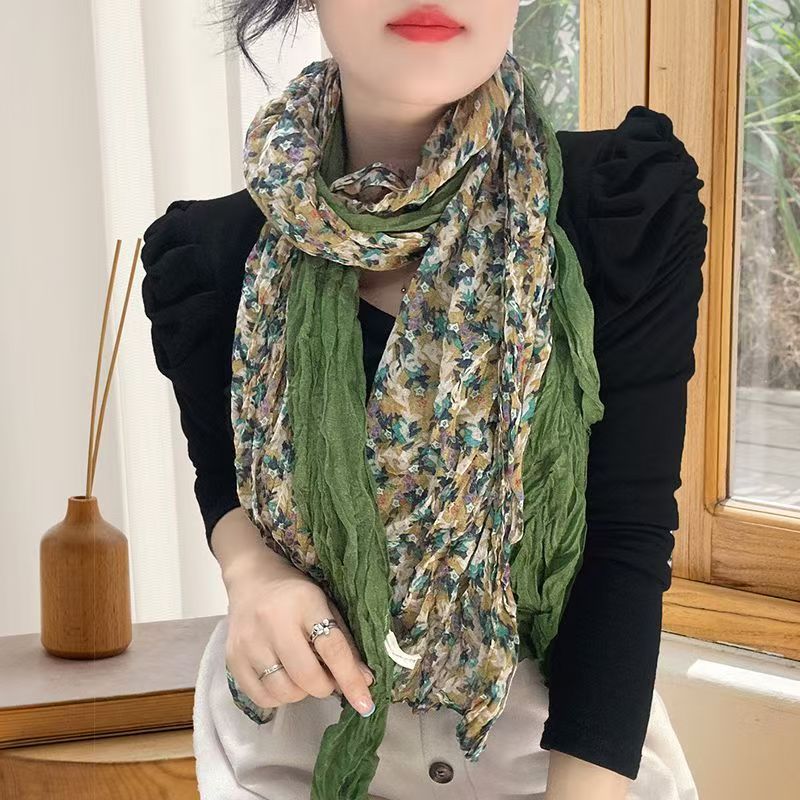 T408 scarf small floral solid color long scarf silk scarf women autumn and winter warm neck scarf new style outer wear Korean style atmosphere
