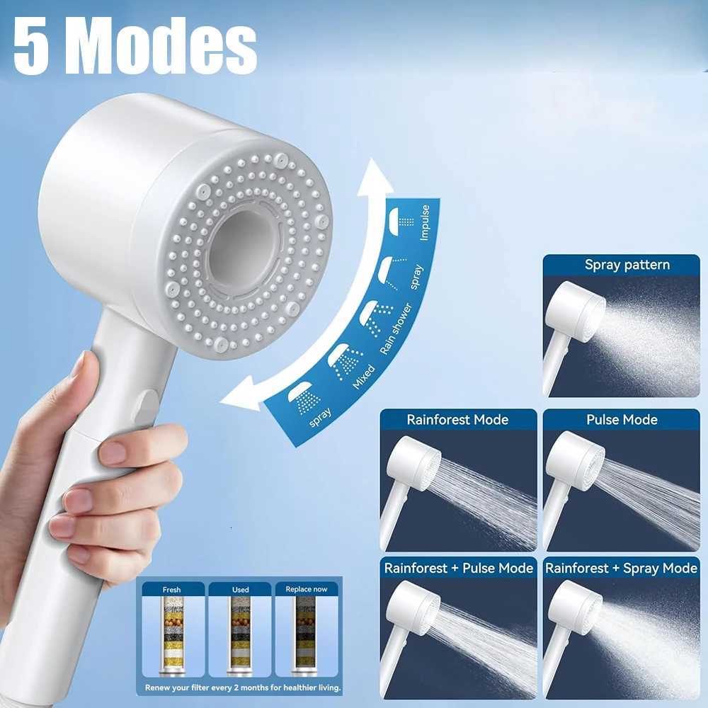 5 Modes One Key Stop Watersaving Shower Handheld Large Flow Highpressure Shower Nozzle with Filter Bathro Shower Y251103