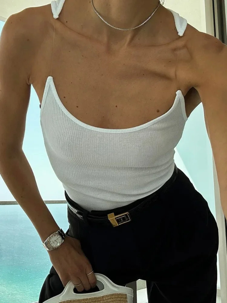 Invisible Strap Tank Top For Women Knit Ribbed Sleeveless Basic T-Shirt Cropped Corset Bustier Tops With Open Shoulder 250403