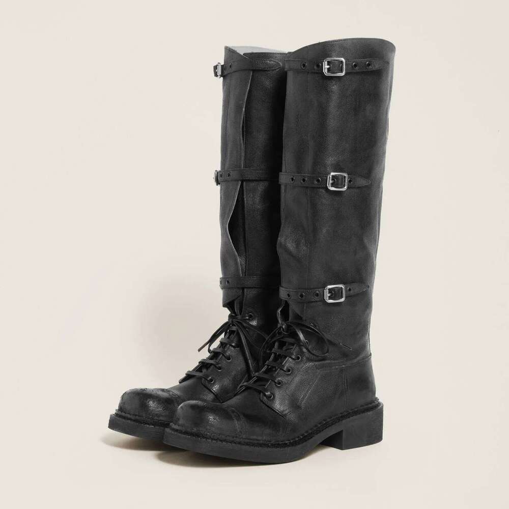 Arden Furtado Autumn platform Lace Up Knight Round toe Pull-on Chunky Heels Belt buckle Knee high boots Motercycle Boots