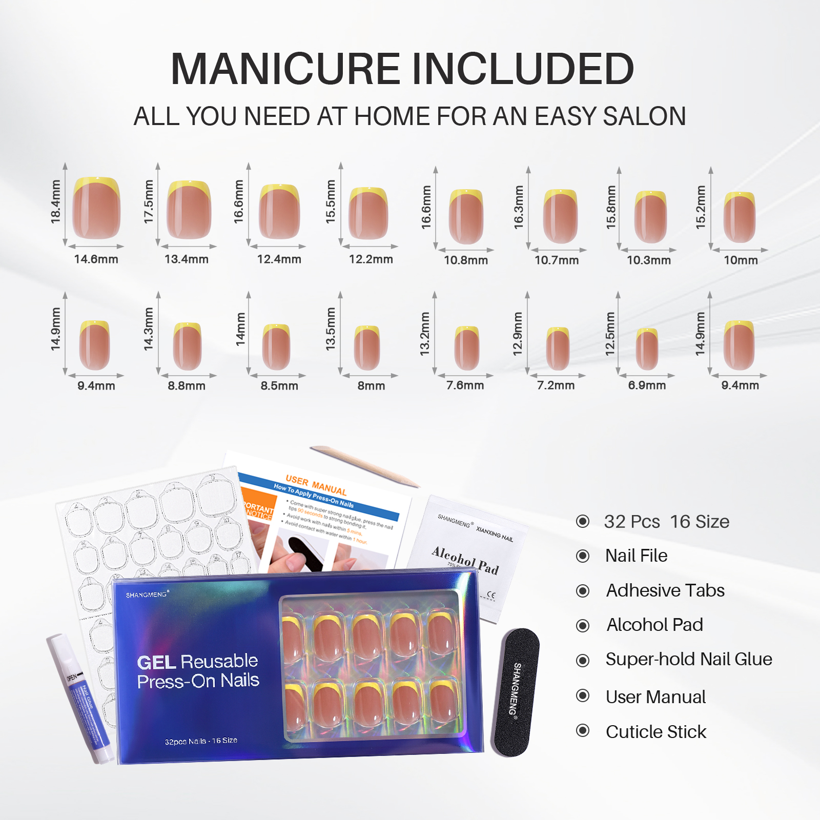 French Gel Pressed Nails Kit: Womens Daily Wear Coffe Yellow Squares Variety Pack Includes 16 Different Sizing Options