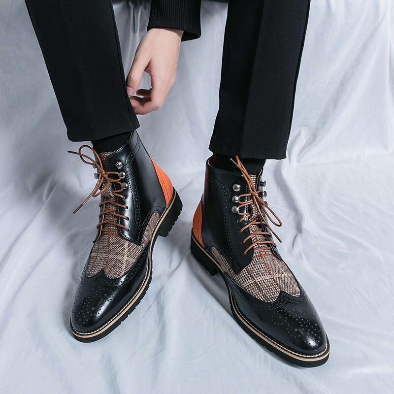Large size men's leather 2024 spring new fashionable British style high top trend Chelsea boots