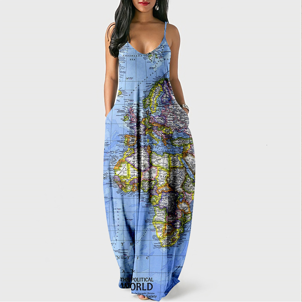 2022 New Summer Cool Style Strap Long Dress Map Digital Print Elegant Street Dress 230330