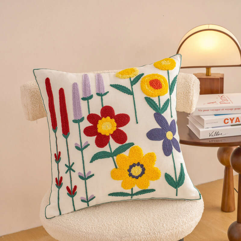 New Towel Embroidered Pillowcase Pastoral Style Canvas Sofa Pillow Home Bedside Bay Window Cushion Office Lumbar Support