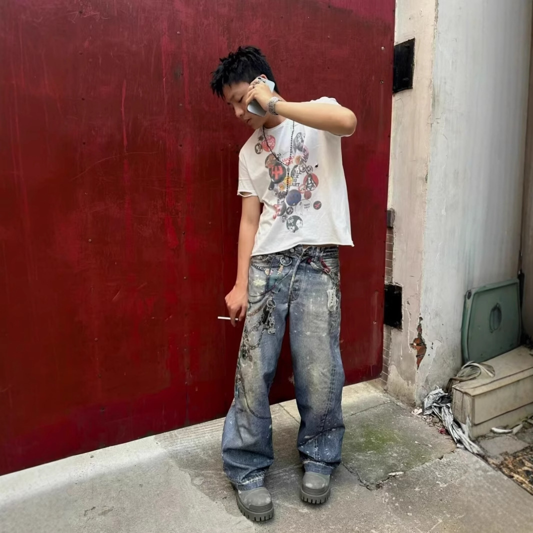 American washed vintage printed jeans men's spring and autumn straight leg loose high street Vibe style long pants