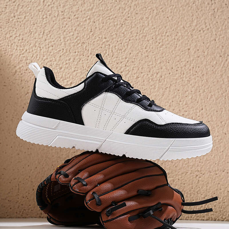 Leather men's fashionable casual plus size outdoor sports board shoes, student running color blocked white shoes 0810