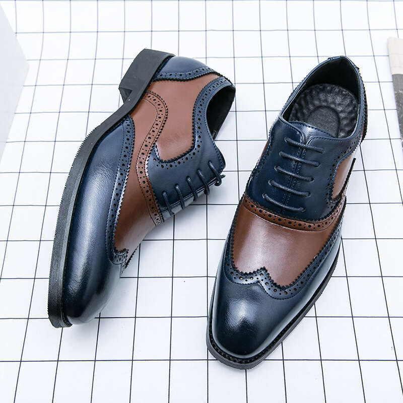Spring New Fashionable Outdoor Trendy Large Size 48 Color Block Carving Pointed Leather Shoes