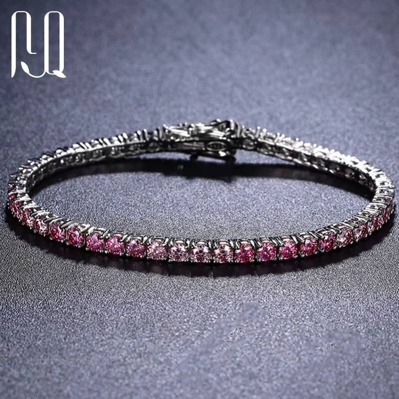 PYQ 3mm Gradient Pink Blue Green Moissanite Tennis Chain S925 Silver with 18K Gold Plated Moissanite Tennis Bracelet for Women