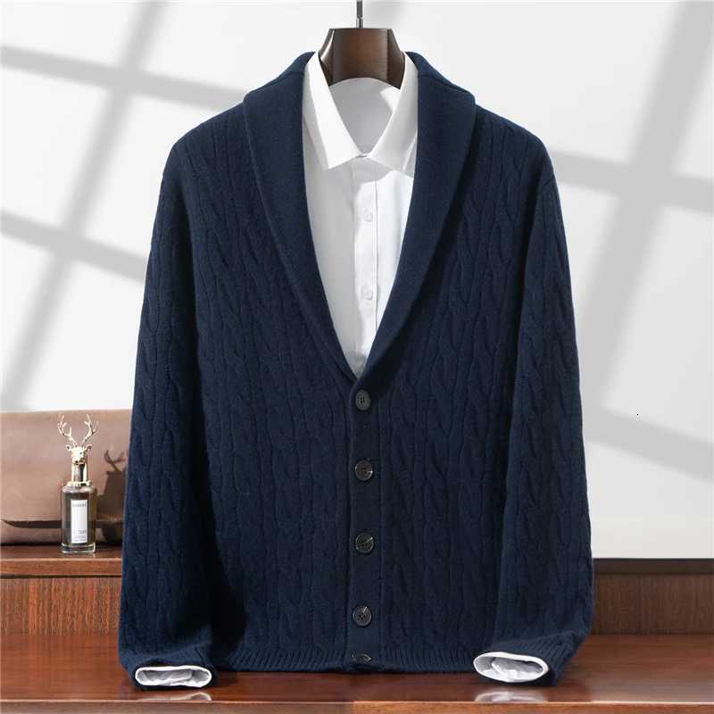 Green Fruit Collar Thickened 100 Wool Cardigan Mens Autumn Winter Jacquard Knitwear High-end Fashion Sweater JacketT251103