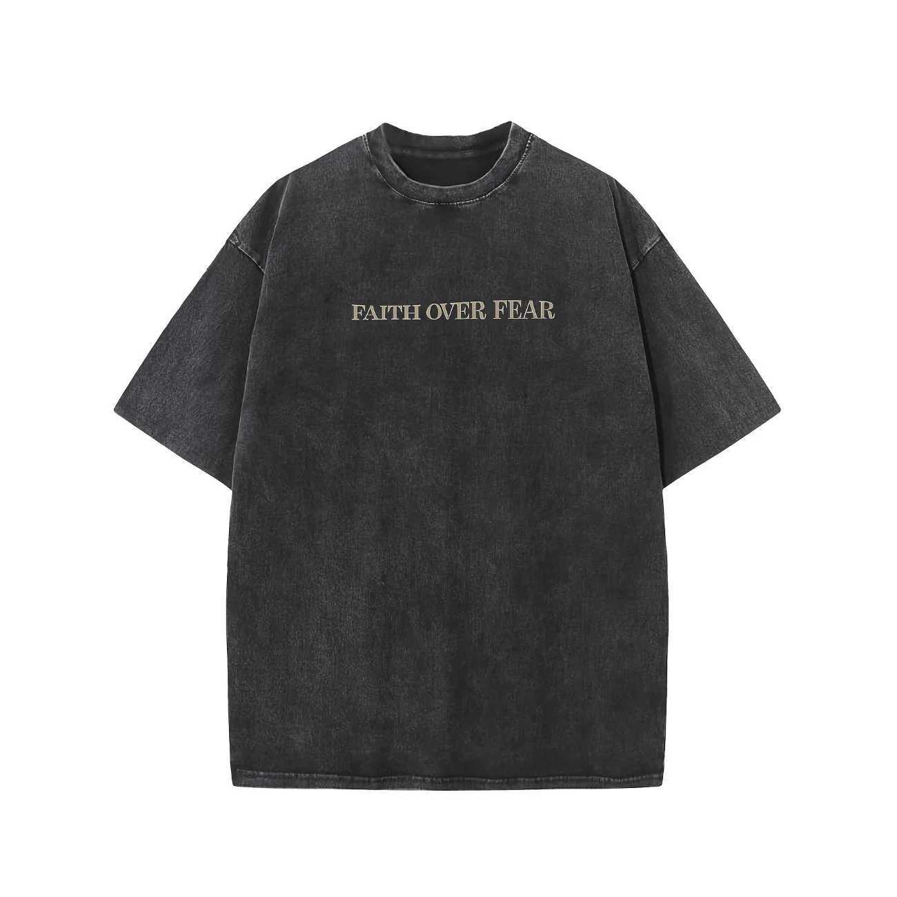 FAITH OVER FEAR Mens Cotton Solid Drop Shoulder Vintage Street Wear Basic Tees Baggy Hip Hop Unisex Tops Acid Wash T-Shirt X250403