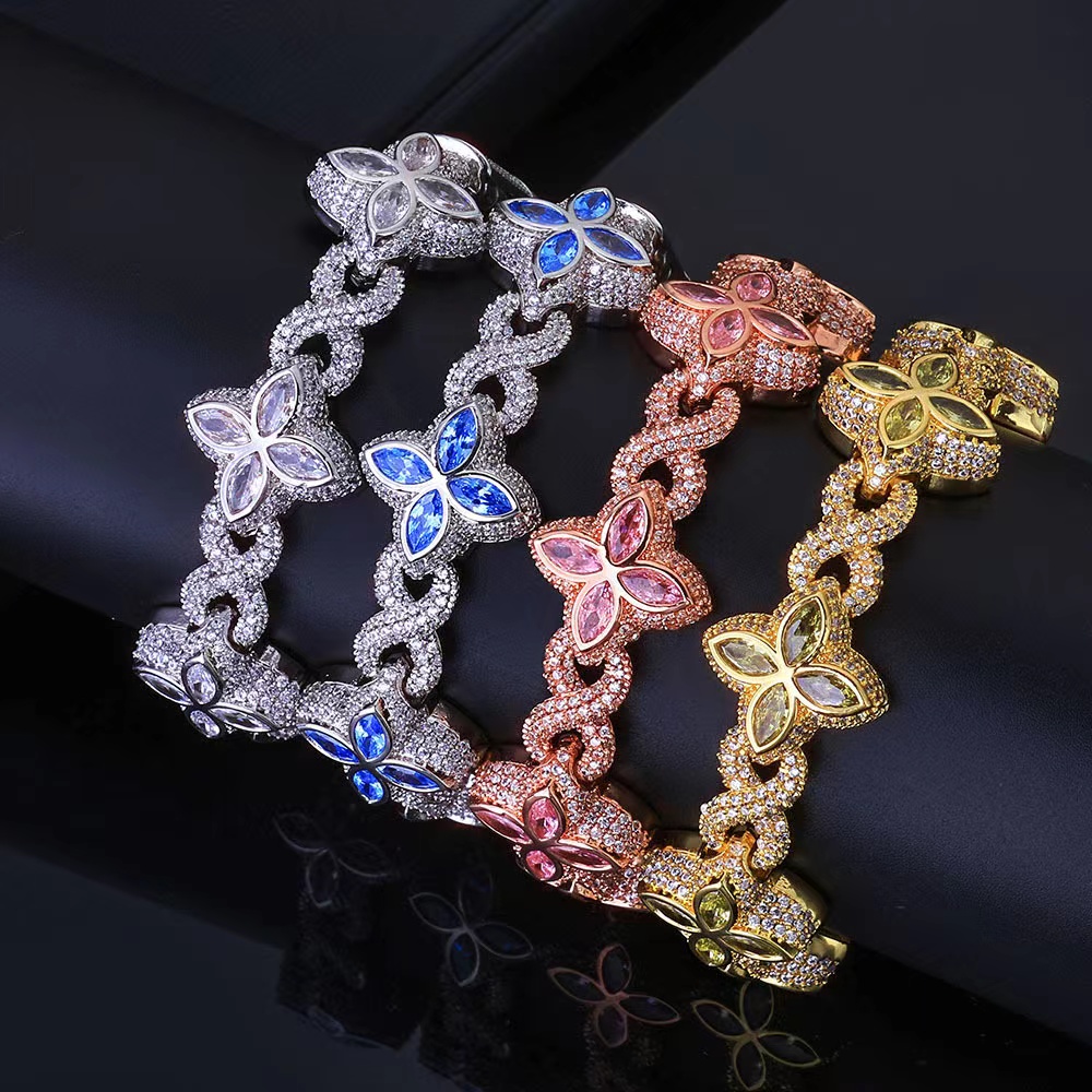 18mm Fashion Sier Marquise Flower Design Hip Hop Jewelry Iced Out Moissanite Dia Infinity Cleef Clover Cuban Bracelet
