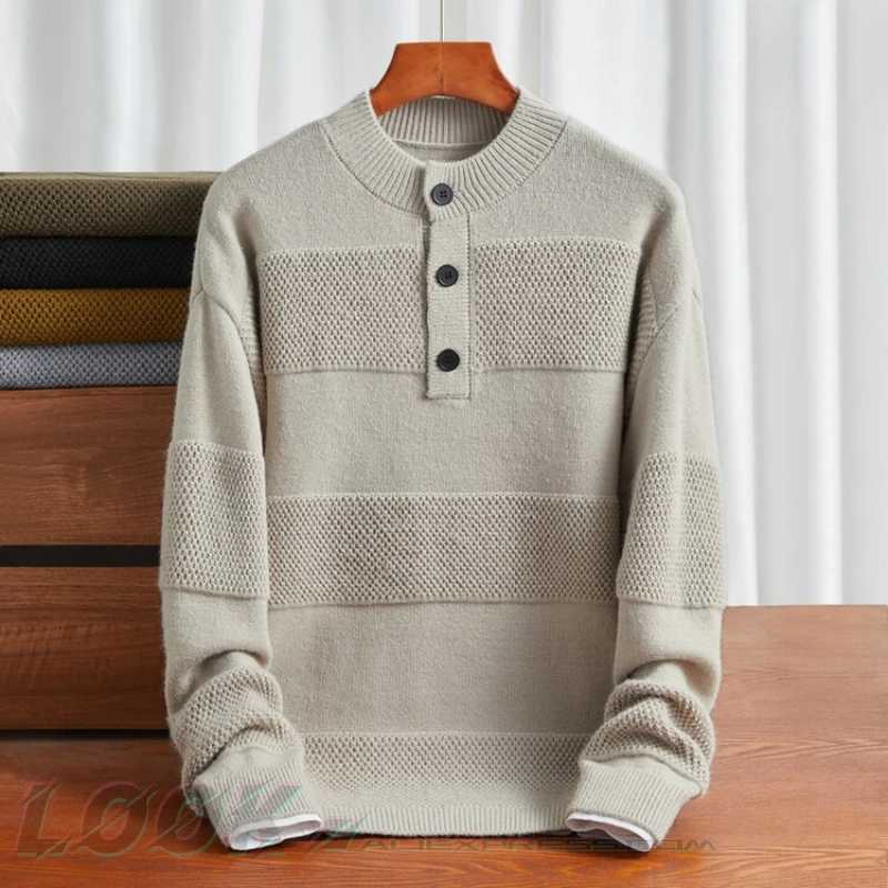 Mens Warm Pullover Solid Color Retro Striped Sweater Daily Commuting Knitted Sweater Loose O-neck Top for Autumn and WinterT251103