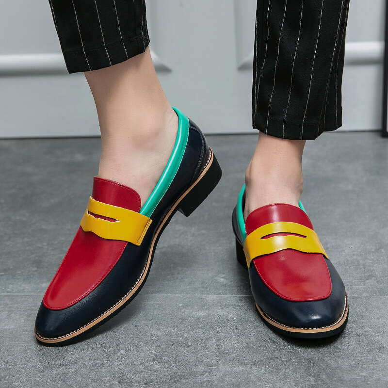 Men's oversized new fashionable business casual leather trendy color blocking shoes, one step youth loafers