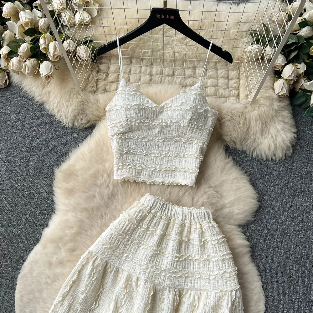 Summer Lace Patchwork Beach Two Pieces Sets Women Sexy Camisole+A Line Long Skirt Elastic Bohemian Suits