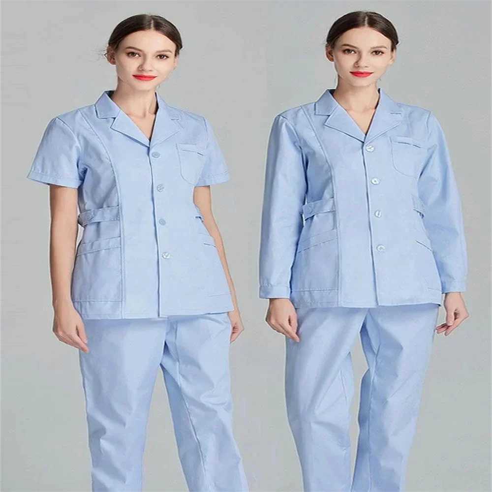 Nurse Blue Long Sleeve Scrubs Top Uniforms Lab Coat Doctor Uniform for Women Outwear Medical Clothing Beauty Salon workwear J251103