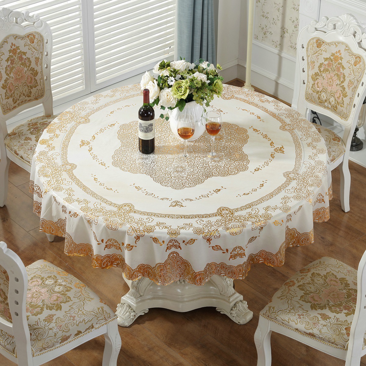 D152 Factory direct European style gold stamping PVC tablecloth household round tablecloth waterproof and oil proof hotel restaurant tablecloth pure w