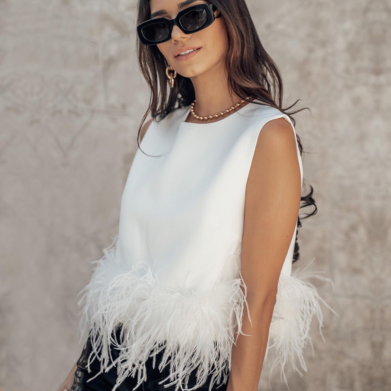 Womens Back Zipper Sleeveless Patchwork Feather Vest TShirt Top 220620