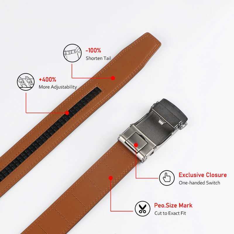Mens leather ratchet belt - adjustable automatic buckle casual business style high-quality leather panel W250402